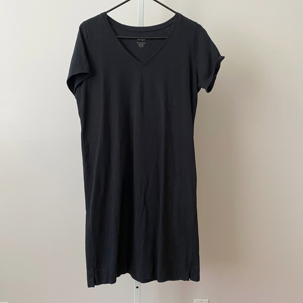Pure Jill S Classic Black T-Shirt Dress V-Neck Cotton Casual Mini